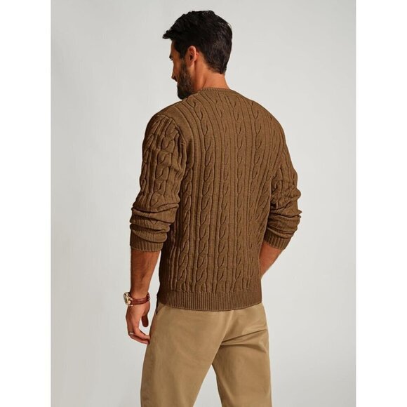 Mens Brown Crewneck Cable Knit Pullover Sweater Casual Twist - Picture 3 of 7